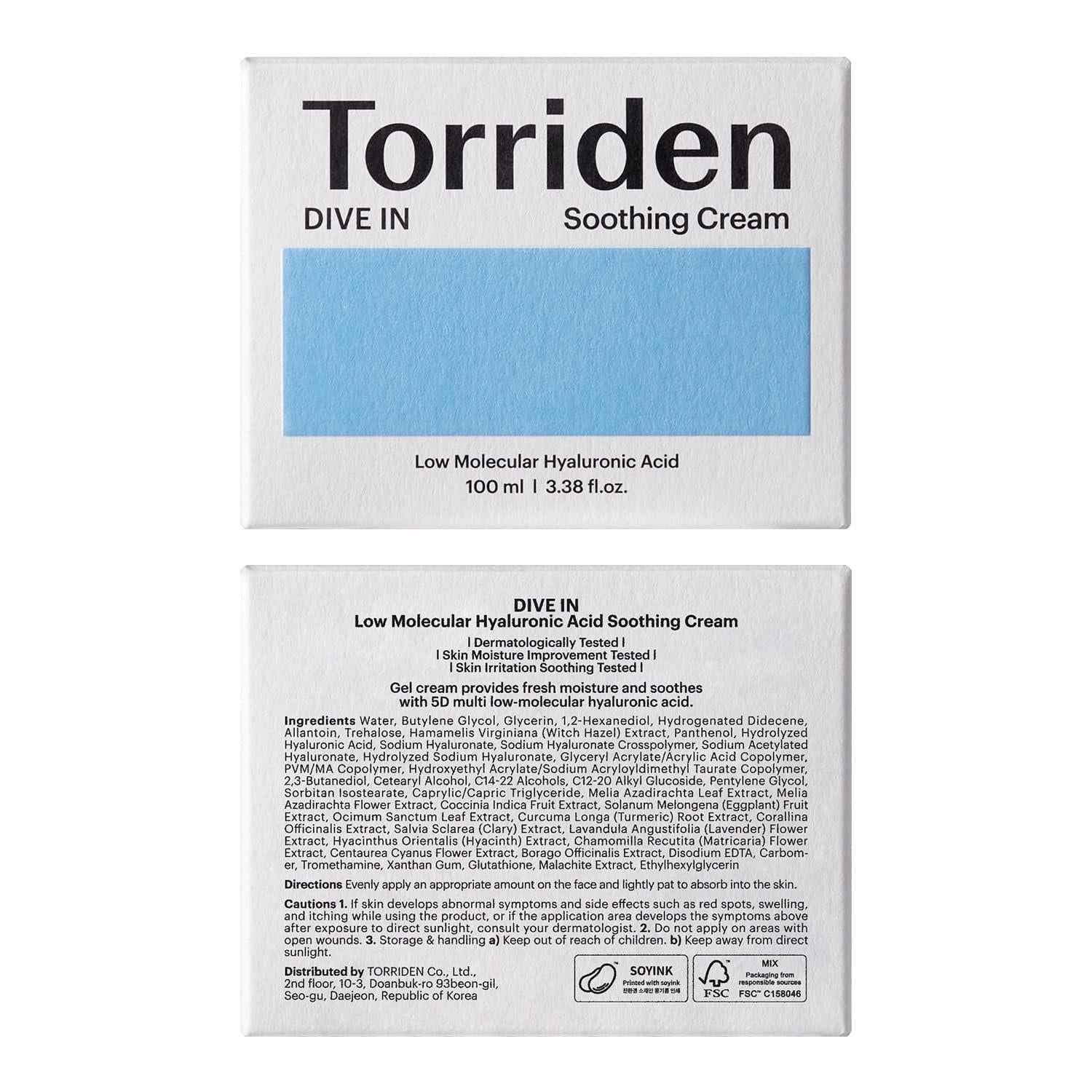 [Torriden] DIVE IN Low Molecular Hyaluronic Acid Soothing Cream 100ml